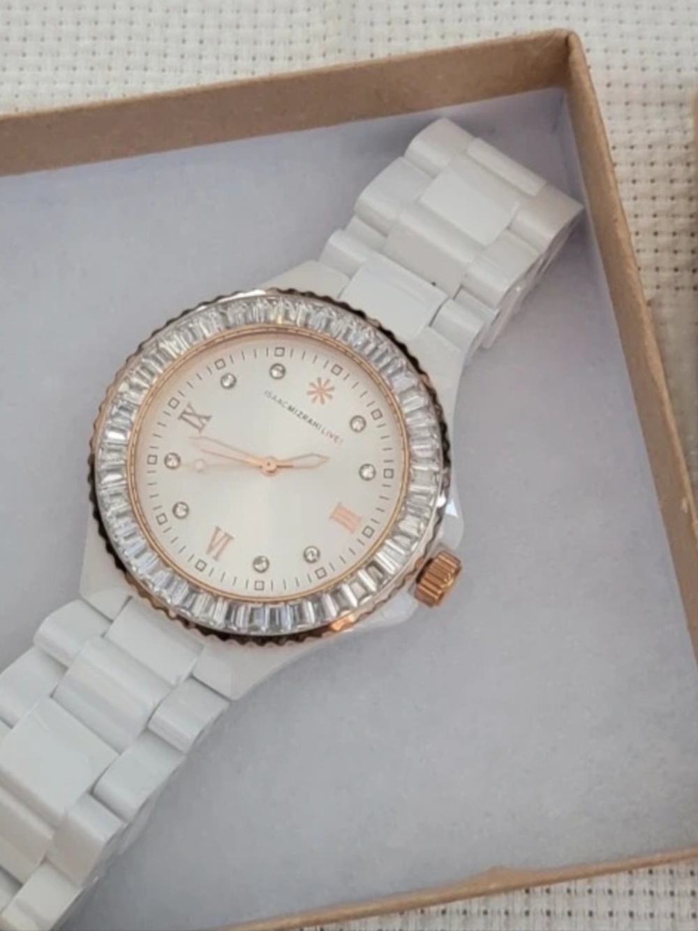 Isaac Mizrahi White and Rose Gold Crystal Accent Women's Watch - Picture 2 of 5